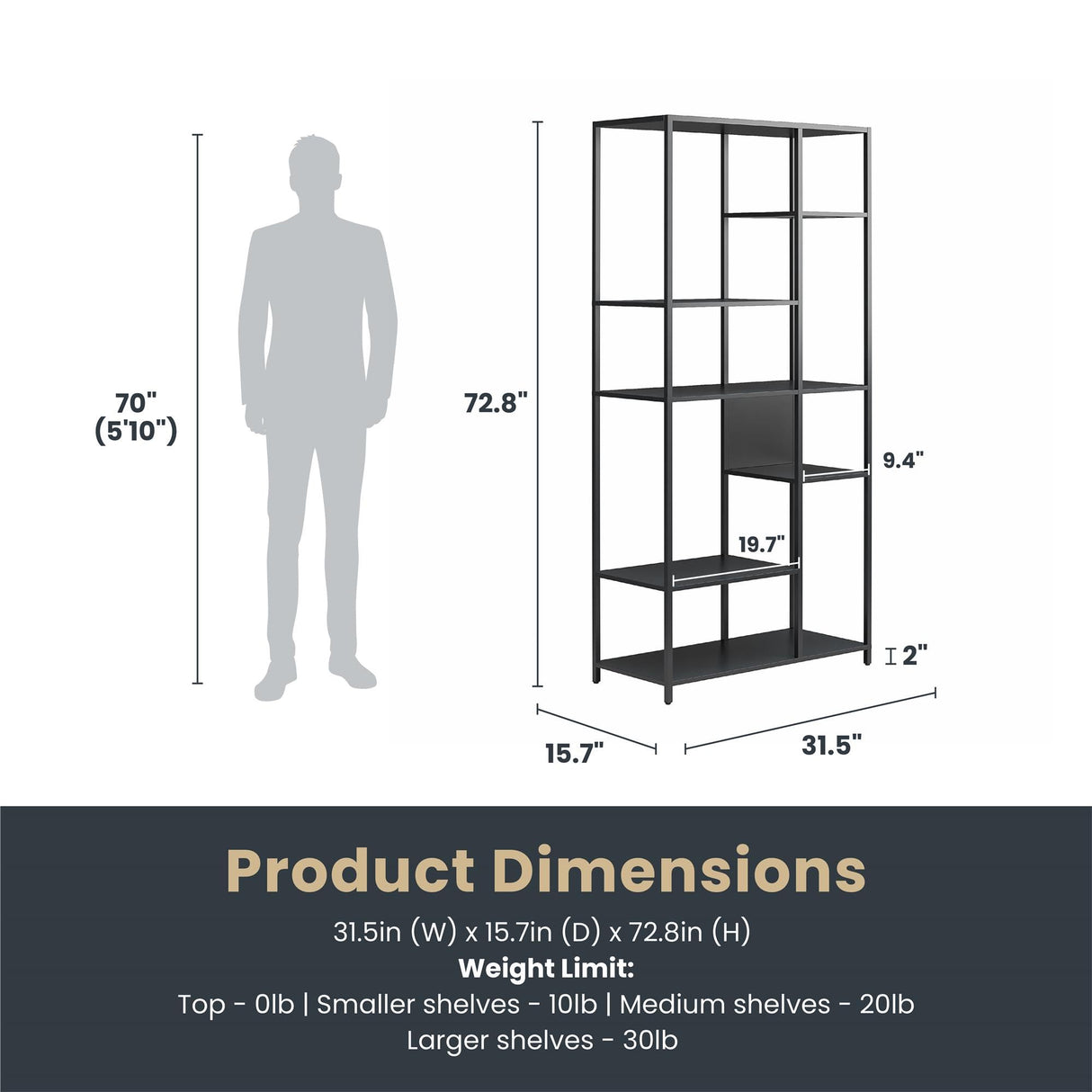 REALROOMS Shadwick 6-Shelf Metal Bookcase Room Divider for Living Room or Bedroom, Black REALROOMS