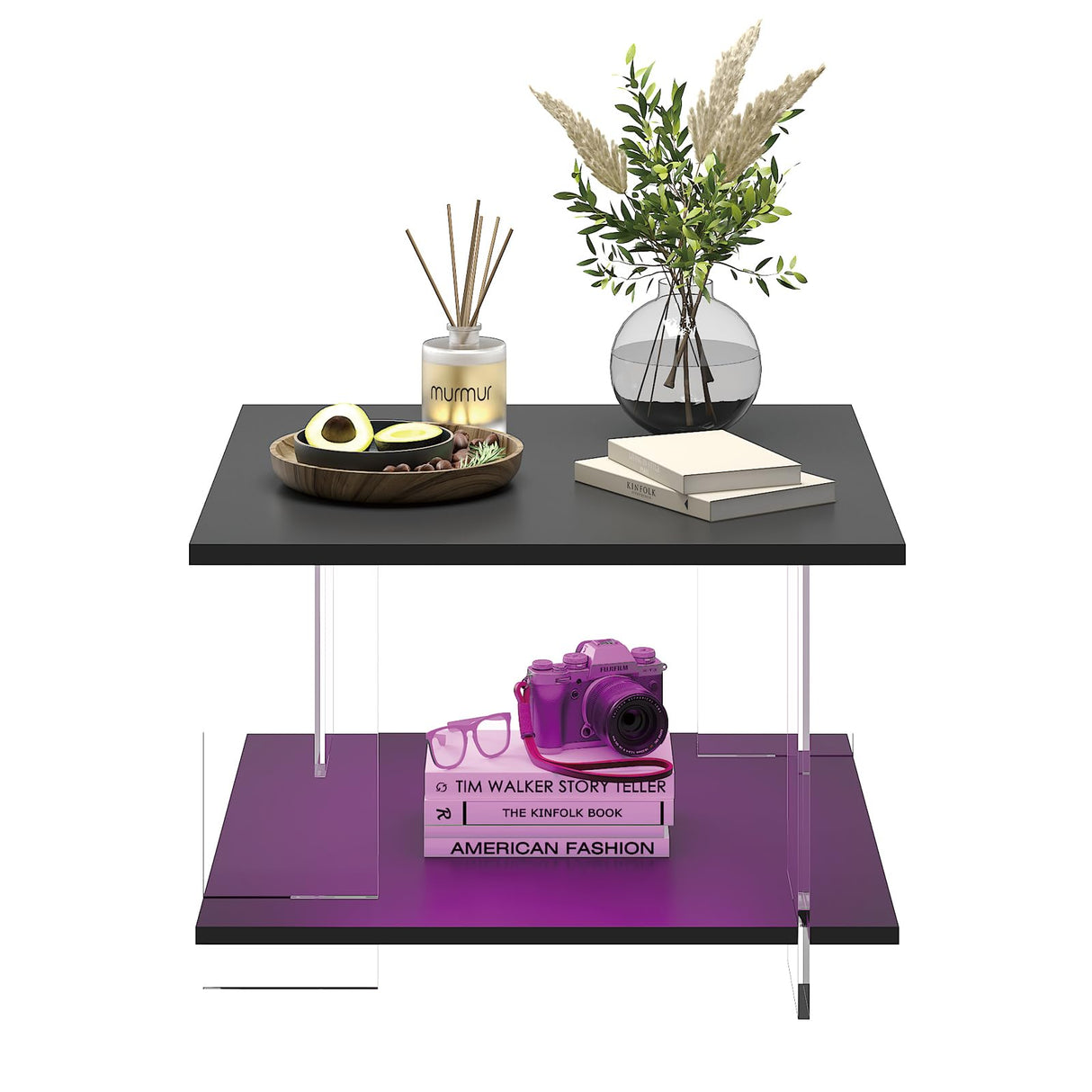 HedoAjim 24" Acrylic Coffee Table with Black Wood Tabletop, Minimalist Stylish Modern Square Center Table for Living Room,Led Living Room Table with Storage Shelf & Acrylic Frame for Small Space HedoAjim