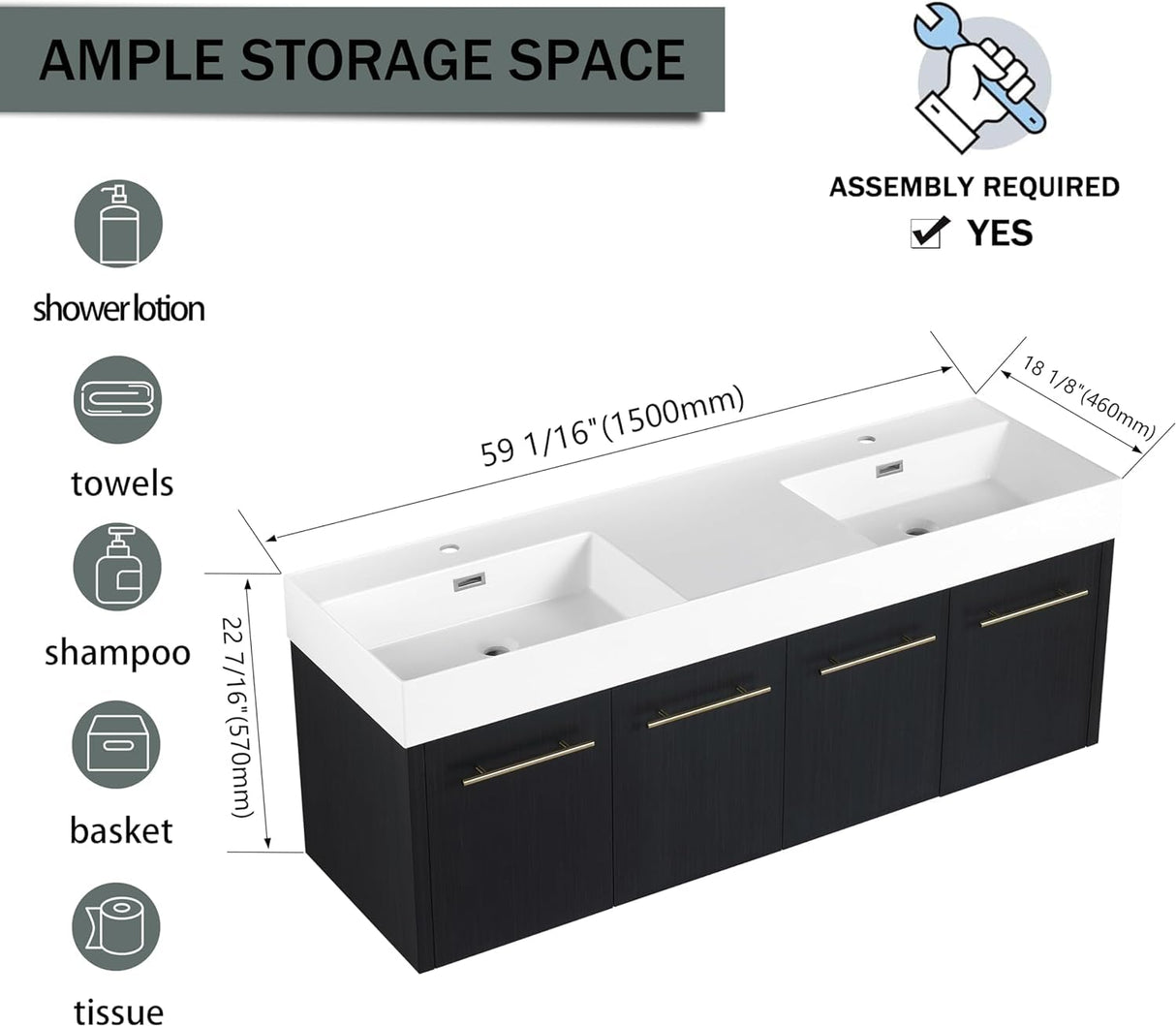 60" Black Wall Mounted Bathroom Vanity with Double Sink, High End Floating Vanity 4 Door Bathroom Cabinet with Thicken Edge Resin Sink,60 Inch Large Wood Bathroom Vanity with Gold Handle Goujxcy