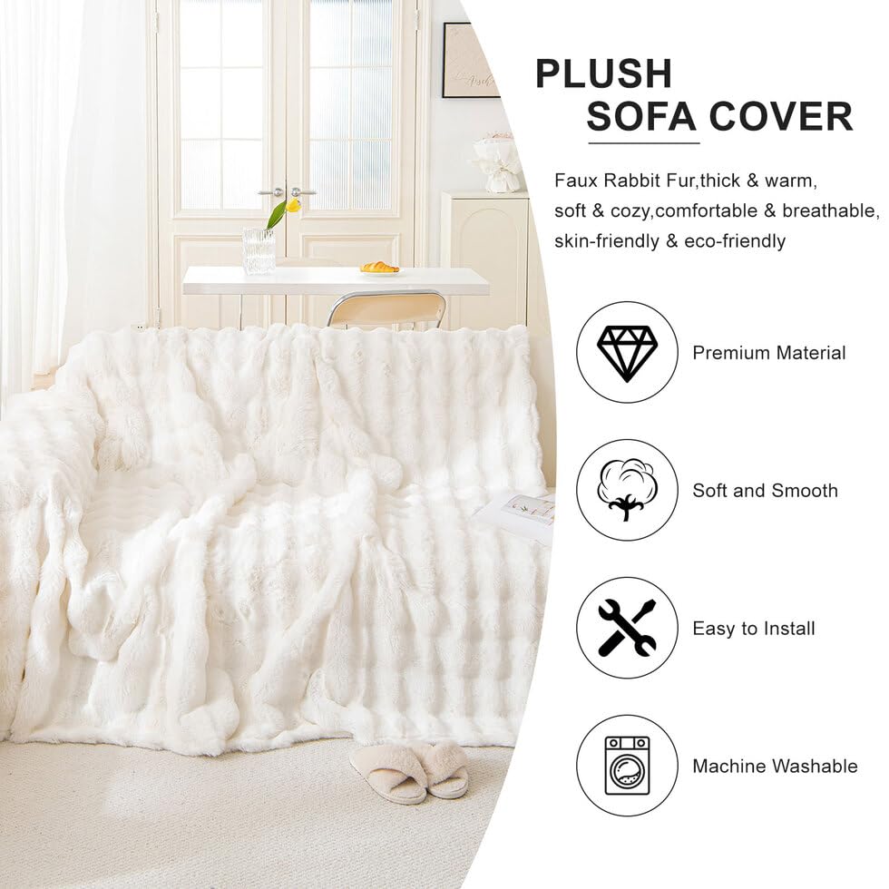 AMWAN Cozy Faux Fur Couch Cover Large Fuzzy Blanket for Sofabed,Loveseat Thick Cozy Shaggy Sofa Slipcover for Sectional,L Shaped Sofa Pets Multifunctional Throws Living Room Decor,Cloud White,71x134’’ AMWAN