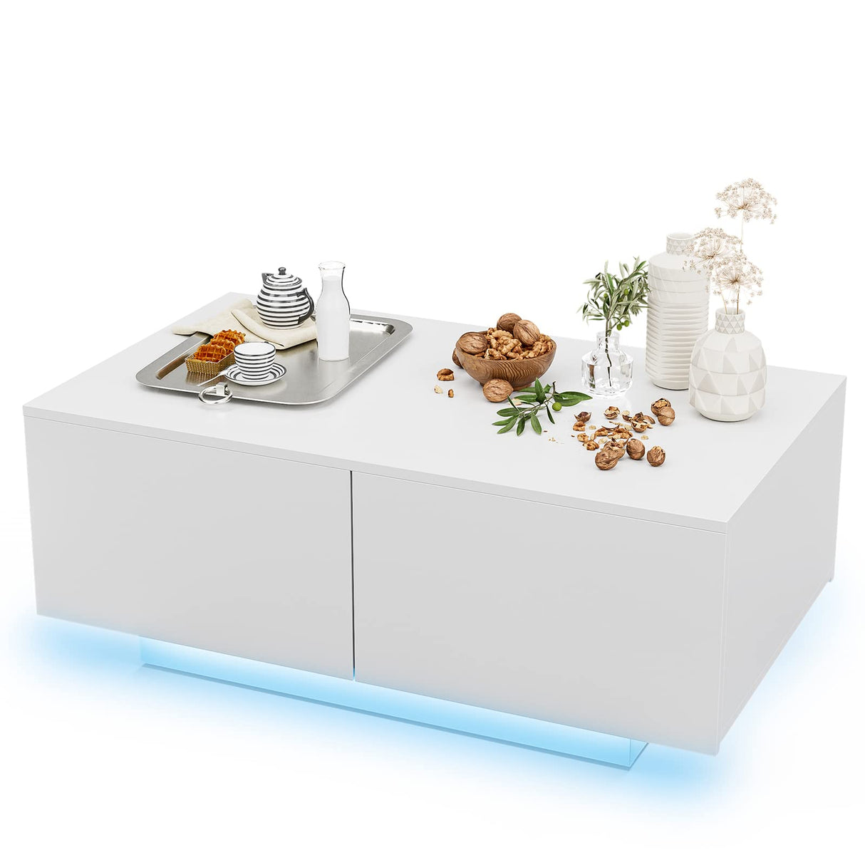 IKIFLY Modern White LED Coffee Table w/4 Drawers, High Glossy Center Table with 16 Colors LED Lights for Home Living Room IKIFLY