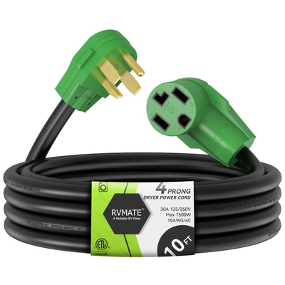 RVMATE 4 Prong Dryer/EV Extension Cord 10 Feet, 30 Amp NEMA 14-30P to 14-30R 125V/250V Waterproof PVC Jacket, Perfect for Dryer Power Extension and Level 2 EV Charging, ETL Listed