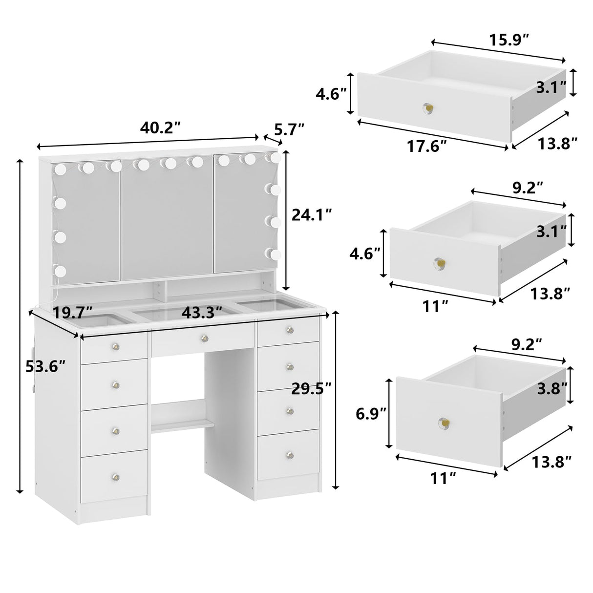 FUFU&GAGA Vanity Desk with Mirror and Bulb Lights, Large Makeup Vanity with Glass Top, Modern Dressing Table with 9 Drawers & Hidden Shelves for Bedroom, White, 43.3”W x 19.7”D x 53.6”H FUFU&GAGA