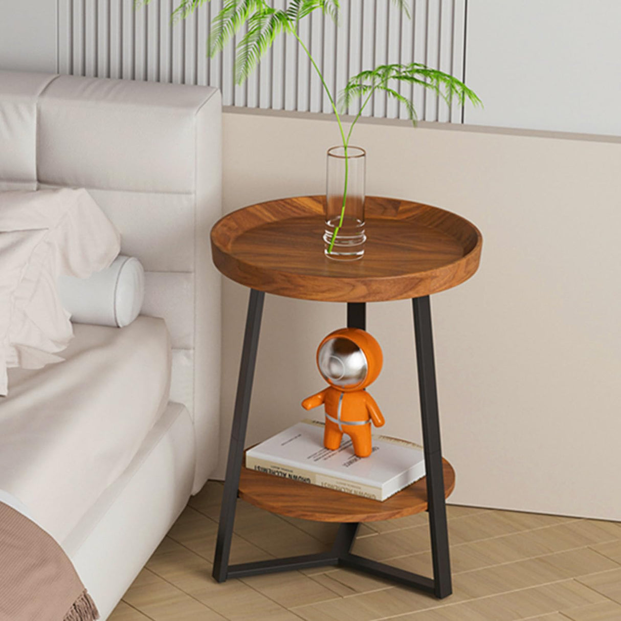 Gadroad Round End Table with Storage Shelf, 2 Tier Farmhouse Side Table Nightstand for Living Room, Bedroom, Wood Tabletop & Black Metal Frame, Brown 15.7 * 15.7 * 23.0inches Gadroad