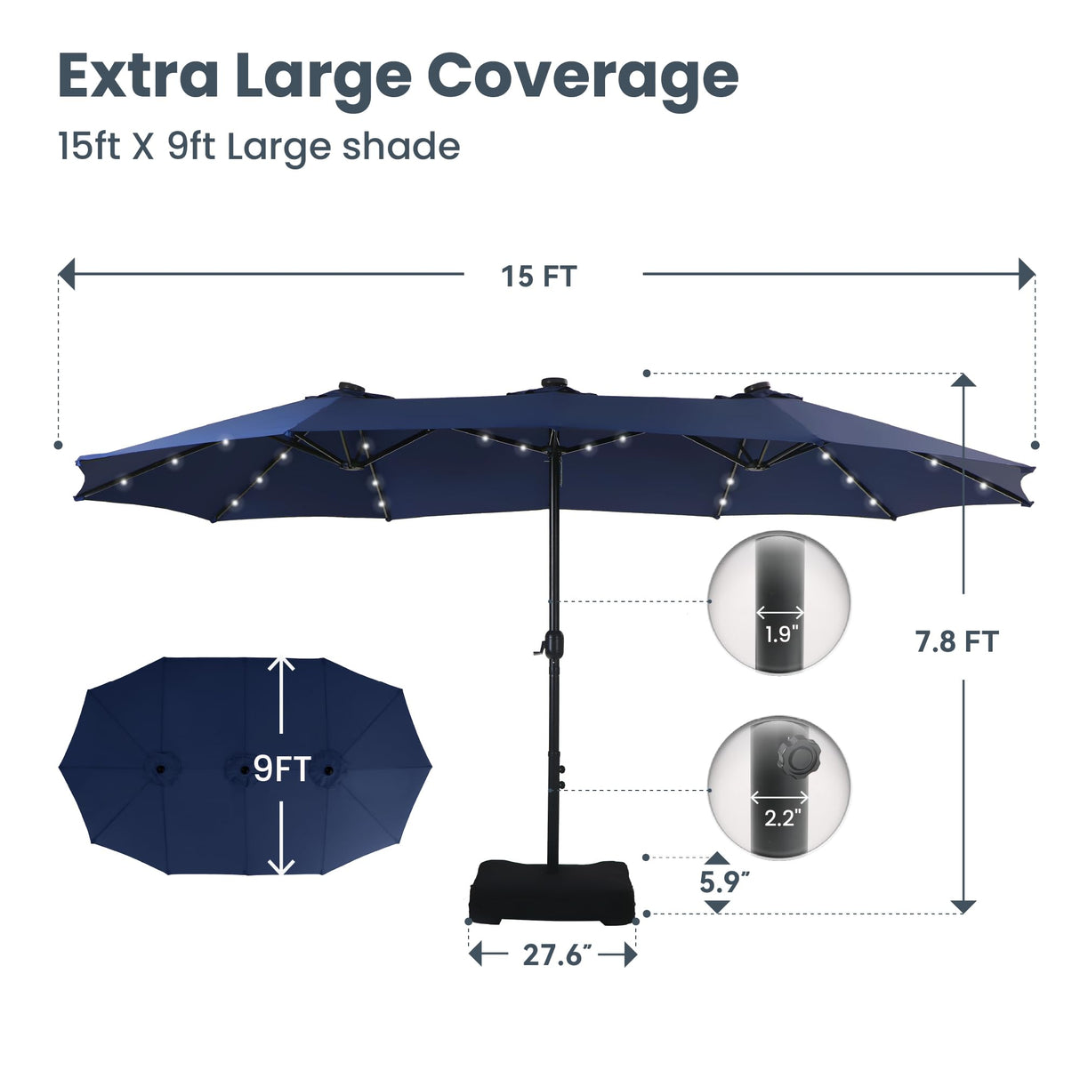 PHI VILLA 15ft Large Patio Umbrella with Solar Lights, Double-Sided Outdoor Market Rectangle Umbrellas with 36 LED Lights, Umbrella Base (Stand) Included, Navy Blue PHI VILLA