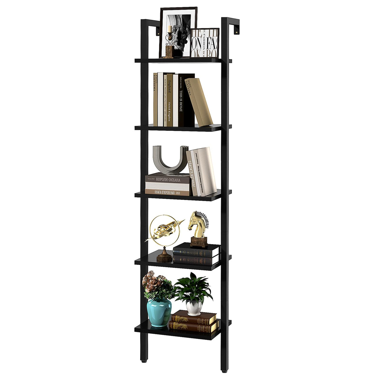 YMYNY Industrial 5-Tier Wall-Mounted Ladder Bookcase - Black Wooden Storage Shelves YMYNY