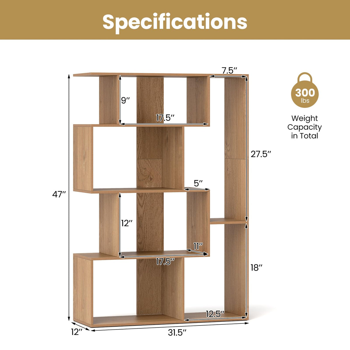 Nightcore 5-Tier Geometric Bookshelf, 47” Tall Modern S-Shaped Bookcase with 6 Storage Cubes, Freestanding Storage Organizer Display Rack for Living Room, Bedroom, Home Office (Natural) WoodArtSupply