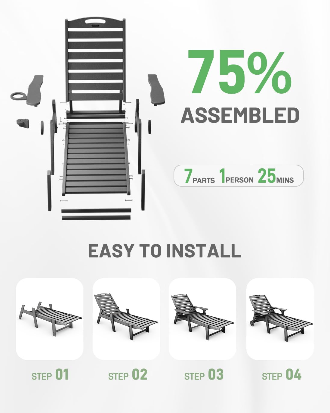 SUUNYN Lounge Chair Outdoor, Chaise Lounge Chair Outdoor, HDPE 6-Position Outdoor Chaise Lounge, Patio Lounge Chair with Wheels & Cup Holder for Pool Poolside Deck Backyard, Grey SUUNYN