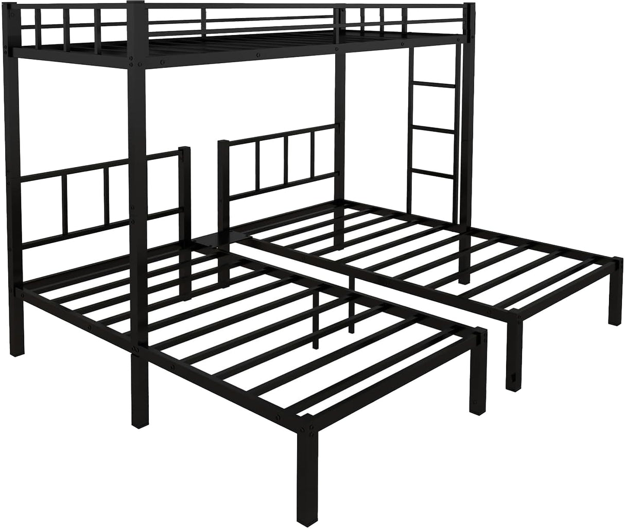 HKOLIE Twin Over Twin & Twin Bunk Beds for 3, Triple Bunk Bed for 3 with Guardrails, Ladder & Upper-Bed Platform, for Children, Teens, Adults, No Box Spring Needed (Detachable Triple Bunk Bed) HKOLIE