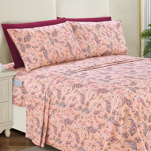 Elegant Comfort Softest and Coziest 6-Piece Sheet Set - 1500 Premium Hotel Quality Microfiber - Deep Pocket, Wrinkle Resistant 6-Piece Paisley Pattern Bed Sheet Set, Full, Paisley Coral Elegant Comfort