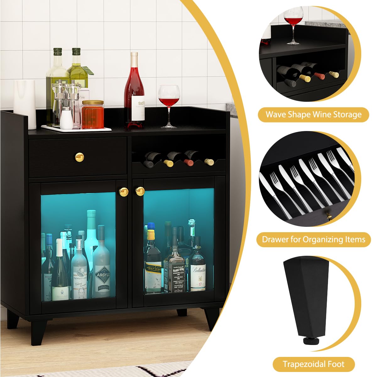 COCO DESIGN Small Wine Cabinet with Glass Doors, Modern Liquor Bar Cabinet with LED Light for Alcohol, Farmhouse Buffet Coffee Sideboard with Storage for Kitchen, Black COCO DESIGN