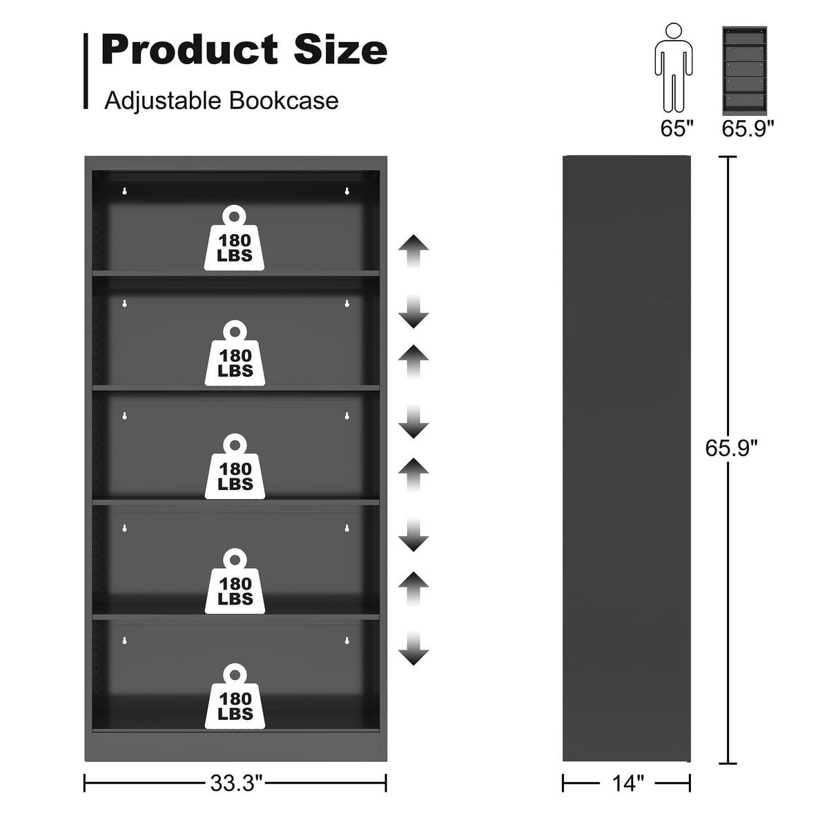 OSEILLC Bookshelf, Metal 5 Tier Industrial Bookshelves, 14" Deep Book Case for Book/Decor/CD/Movie, Adjustable Book Shelf, 66" Tall Modern Bookshelf for Bedroom Living Room Home Office School, Black OSEILLC
