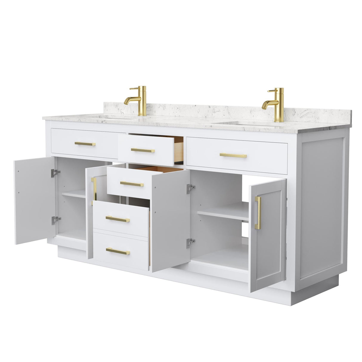 Wyndham Collection Beckett 72 Inch Double Bathroom Vanity with Toe Kick in White, Carrara Cultured Marble Countertop, Undermount Square Sinks, Brushed Gold Trim Wyndham Collection