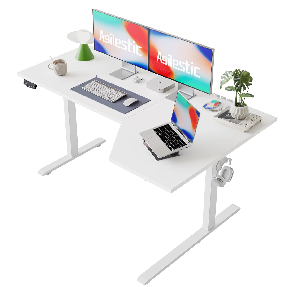 Agilestic Electric Standing Desk, L-Shaped 59 Inches Height Adjustable Desk, Sit and Stand up Desk for Work Office Home, Ergonomic Rising Computer Table for Home Office with Splice Board, White Agilestic