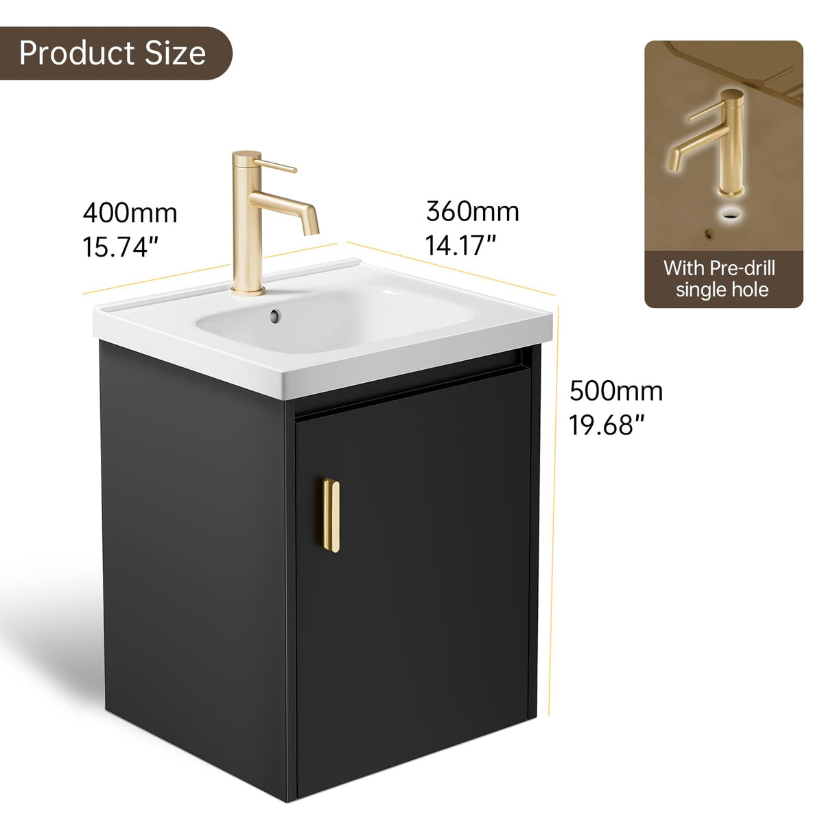 phiestina Pre-Assembled 16 Inch Black Floating Bathroom Vanity for Small Space, Wall-Mounted Small Cabinet with Single Hole Ceramic Sink,Soft-Close Door, No Faucet,BV04-16-PUREBLACK phiestina