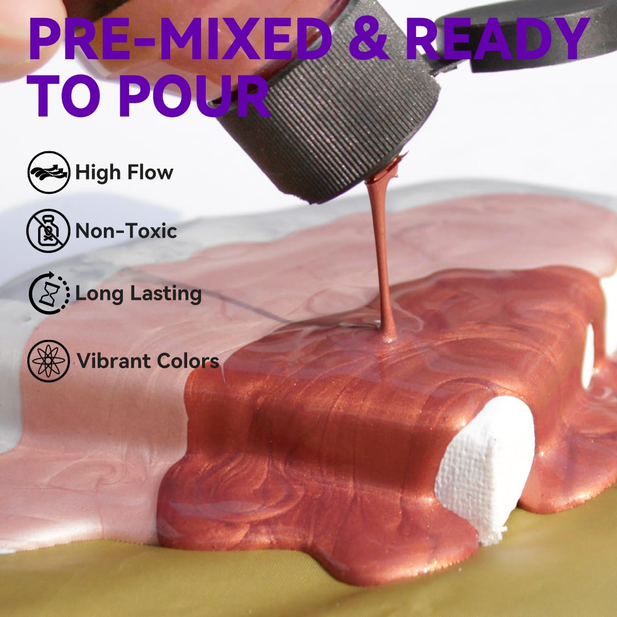 OPHIR Metallic Acrylic Pouring Paint Set,3.8OZ/Bottle,Premixed Metallic Pour Paint Gold,Silver,Copper,Bronze,High Flow Water-Based Acrylic Pour Paint Supplies for Pouring on Canvas,Wood,Rocks,6 Colors OPHIR