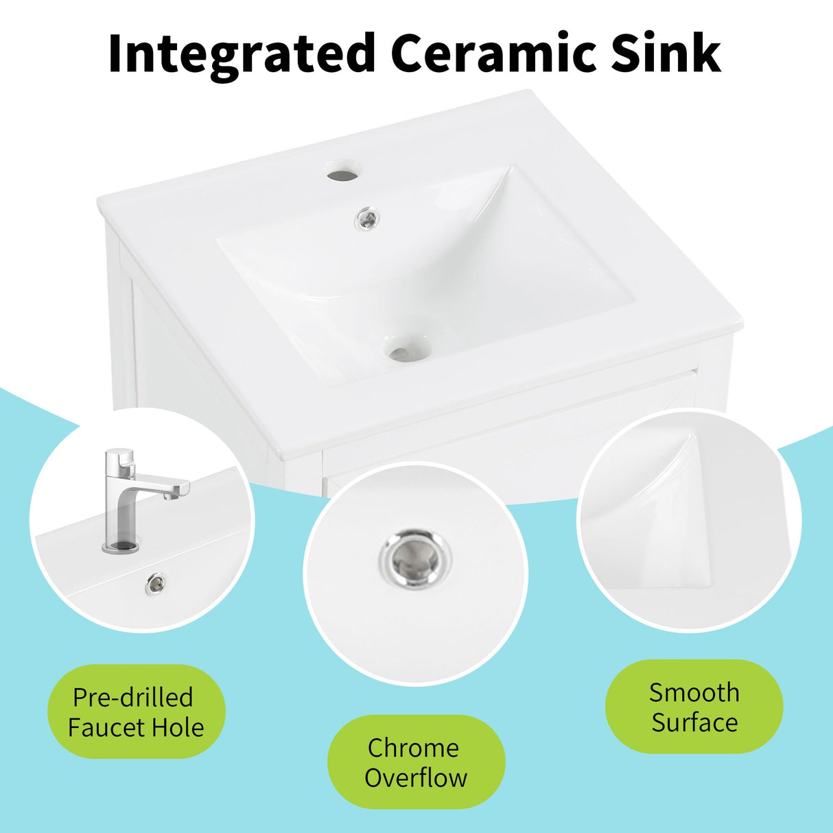 20" Bathroom Vanities with Ceramic Sink, Storage Rack Shelf and One Drawer, Solid Wood & MDF Board, White Merax