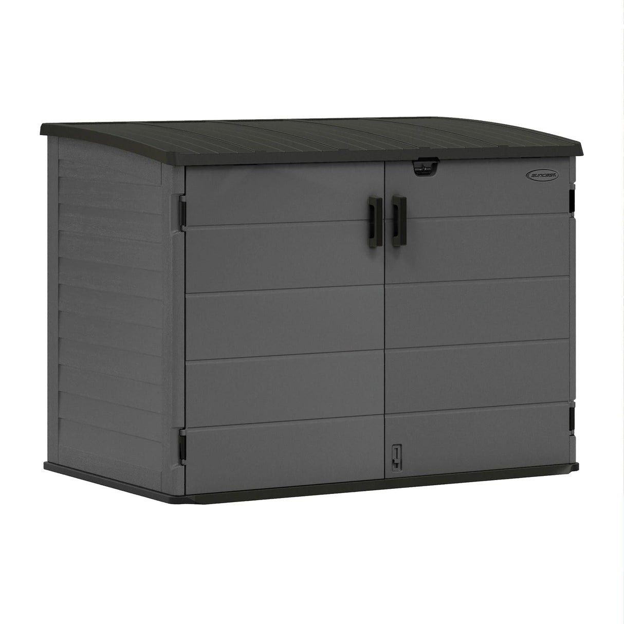 Suncast 70 Cu Ft Stow-Away Horizontal Outdoor Shed - Small Outdoor Storage Shed, Lockable & Weatherproof Resin Plastic, Fits Two 96-Gallon Trash Cans, Bikes, Lawn Mowers, or Garden Tools, Peppercorn Suncast