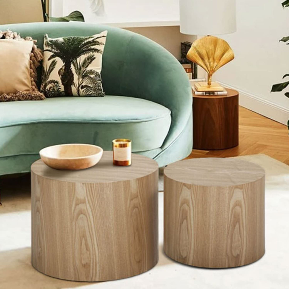 kevinplus Wood Side Table Round Small Coffee Tables Nesting End Table Set of 2 for Living Room Bedroom Office, No Assembling (Oak/Walnut - Round) kevinplus