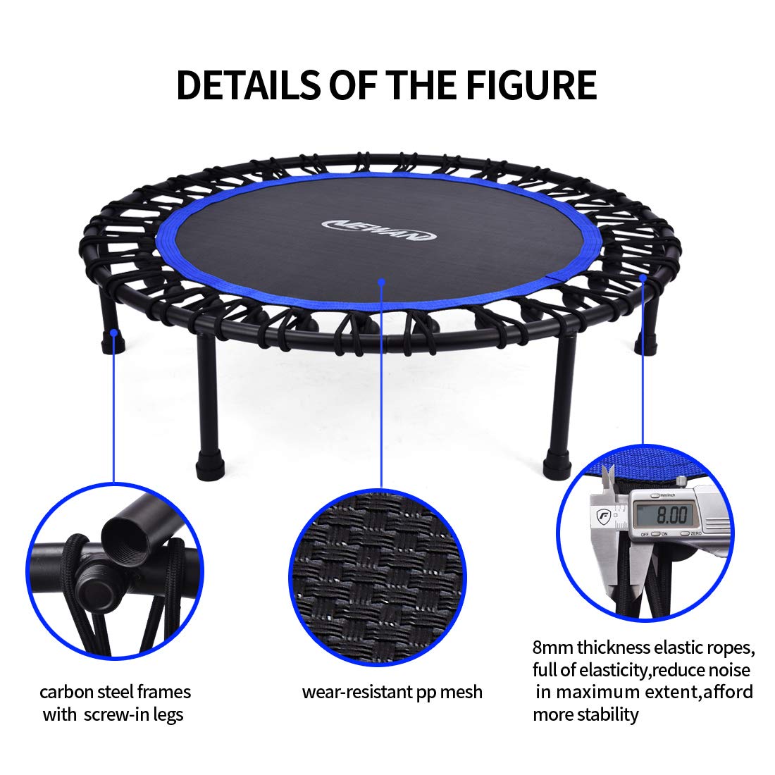 Newan 40'' Silent Fitness Mini Trampoline - Indoor Rebounder for Adults - Best Urban Cardio Jump Fitness Workout Trainer, Covered Bungee Rope System - Max Limit 330 lbs NEWAN