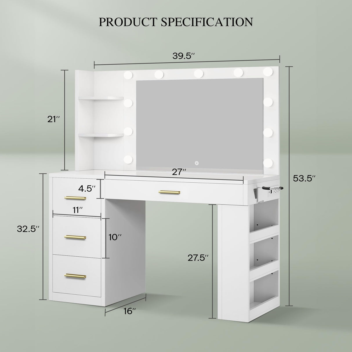YITAHOME Vanity Desk with Mirror and Lights, Makeup Table with Charging Station, Large Vanity Set with 4 Drawers, Cute Makeup Desk with 6 Storage Shelves, White YITAHOME