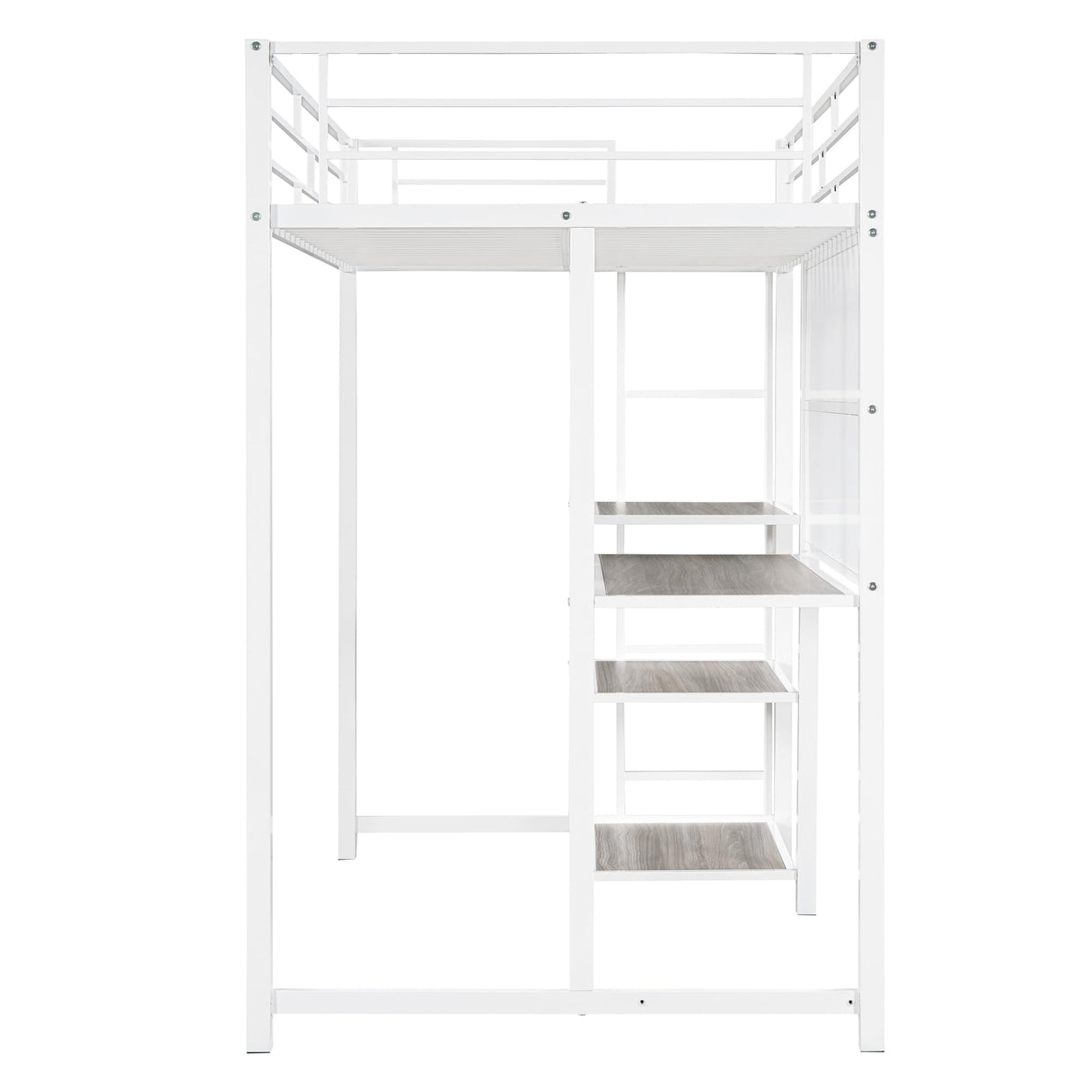 Jintop Twin Size Loft Bed with Stylish Desk and Whiteboard,Versatility Metal Bunk Bed,w/ 3 Shelves & Ladder,Easy Assembly,for Students,Boys,Girls,White Jintop