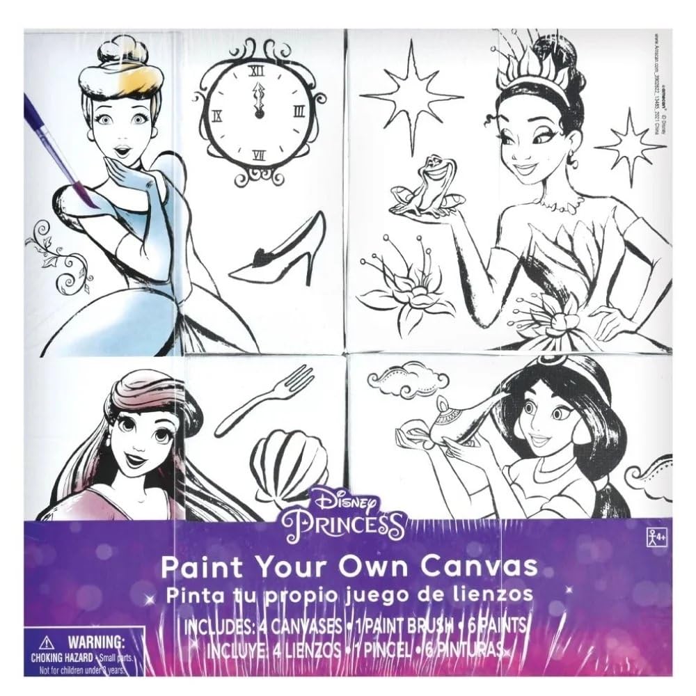 Disney Princess Color Your Own Canvas (4" x 4") - Customizable, Fun & Inspiring Artwork for Kids and Creativity Enthusiasts - 1 Set Amscan