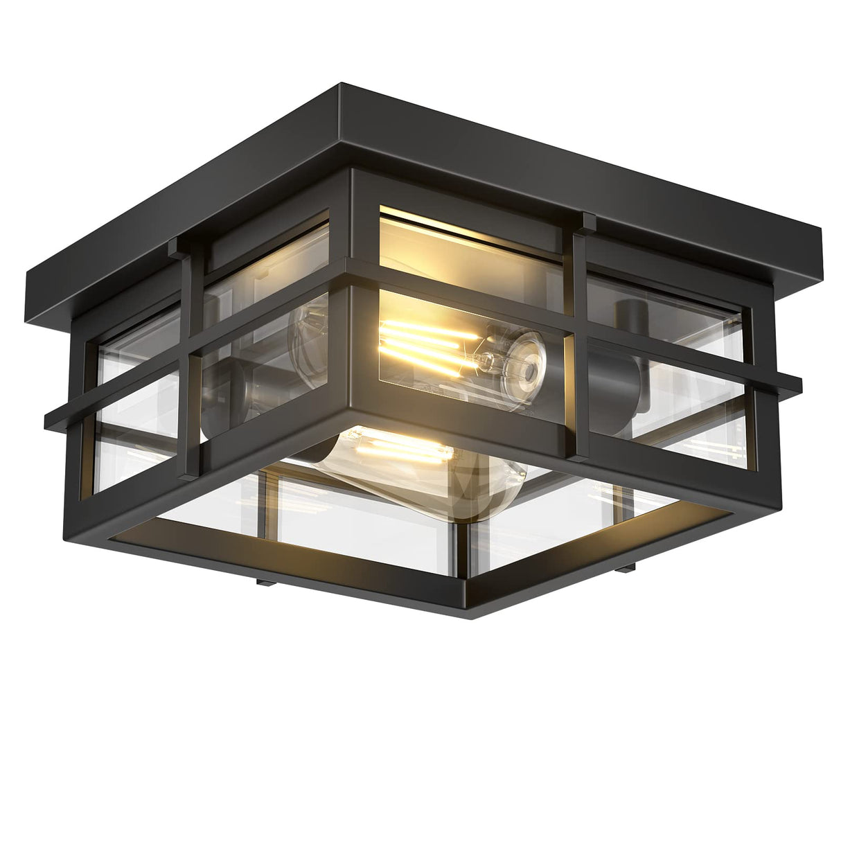 Asnxcju Modern Outdoor Ceiling Light Fixtures, 2-Light Black Flush Mount Light Fixtures with Clear Glass Shade, Farmhouse Square Ceiling Lighting for Porch Bathroom Kitchen (Bulbs Not Included) Asnxcju