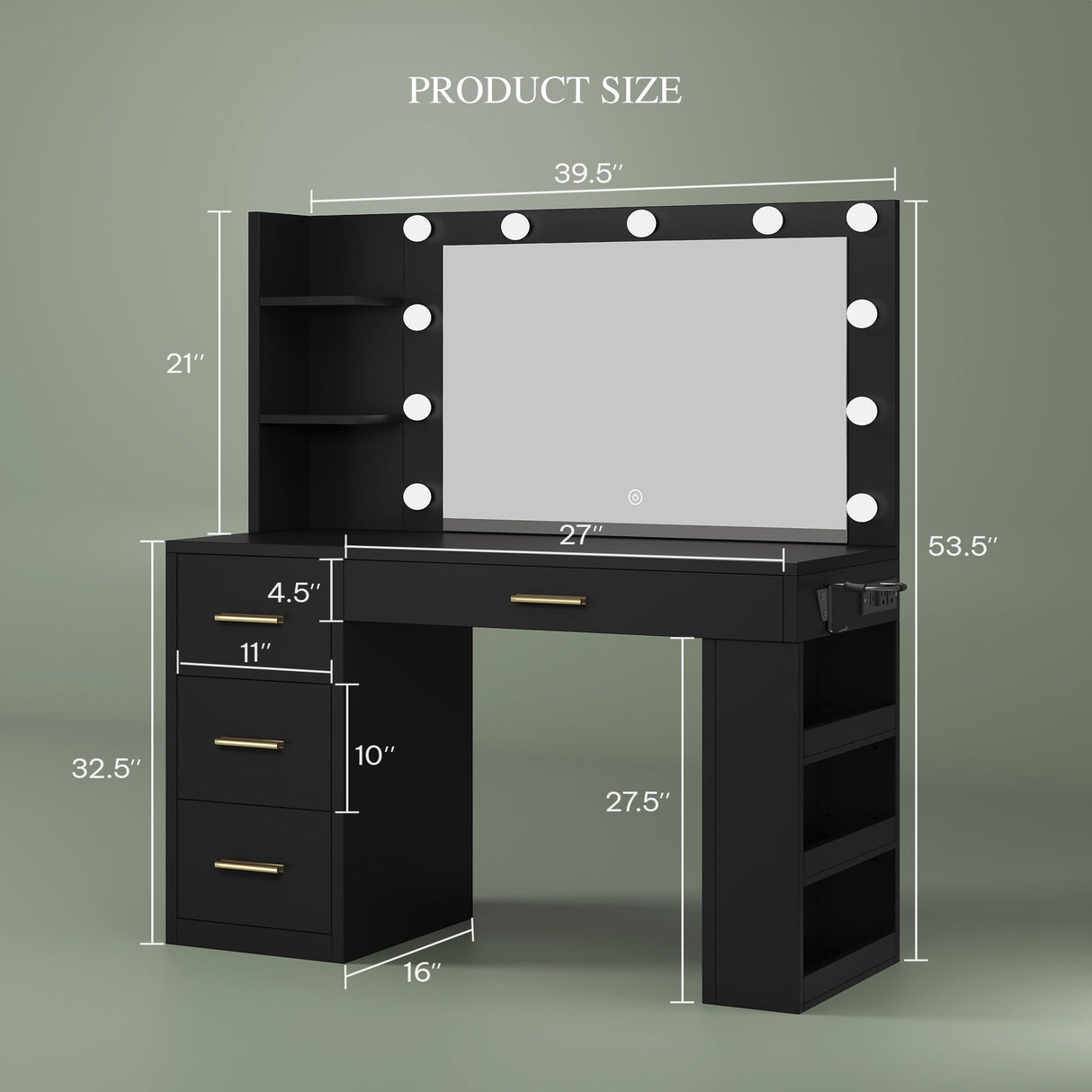 DWVO Vanity Desk with Mirror, Large Makeup Table with Power Outlets, 11 LED Bulbs, 3 Adjustable Light Modes, 4 Drawers and Built-in Shelves, Hollywood Dressing Vanity Desk Set for Bedroom, Black DWVO