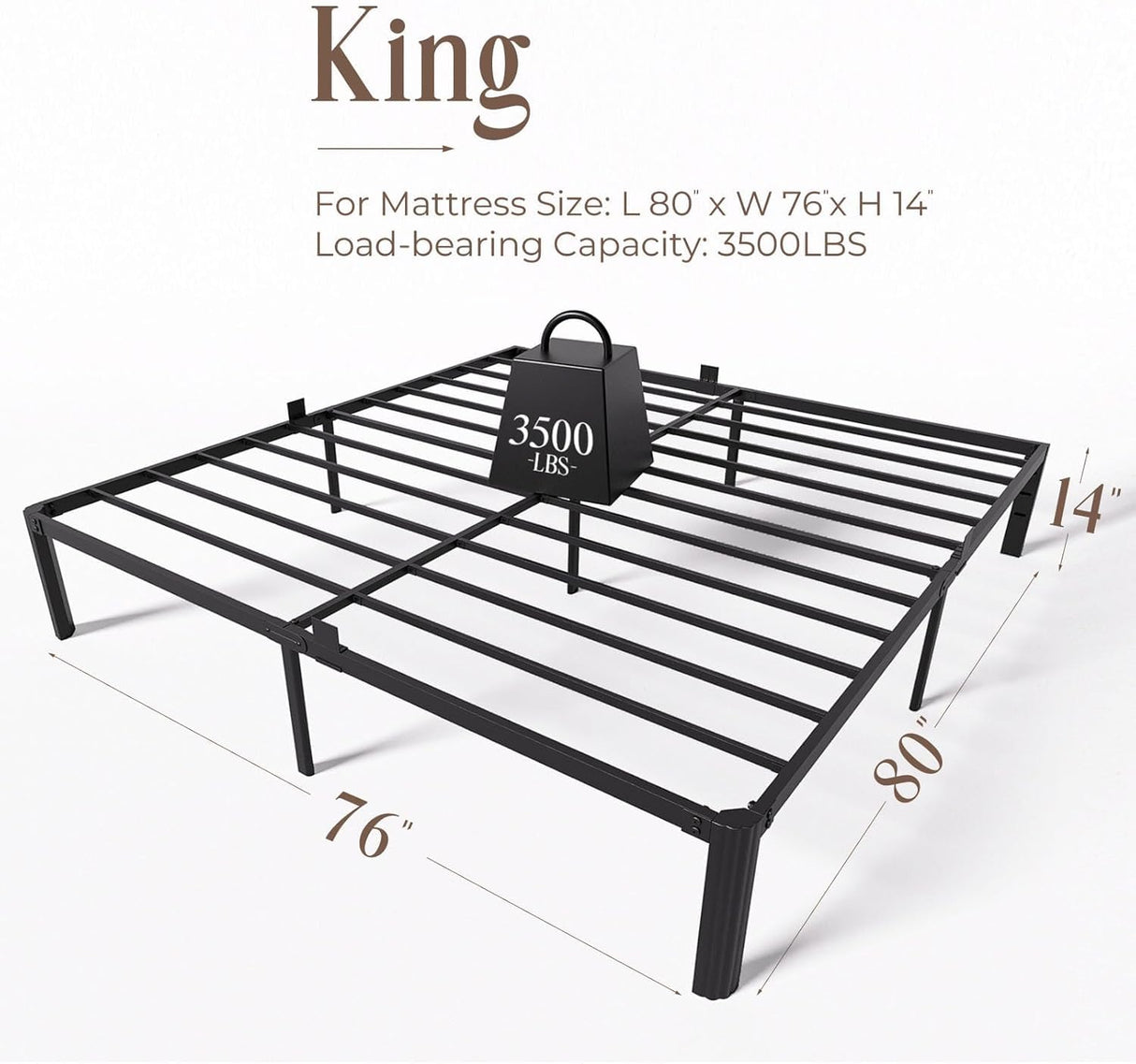 XUKIL 14 Inch Metal Bed Frame King Size, 3000Lbs Heavy Duty Balck Platform King Size Bed Frame with Round Corner Legs, Mattress Slide Stopper, No Box Spring Needed, Easy Assembly XUKIL