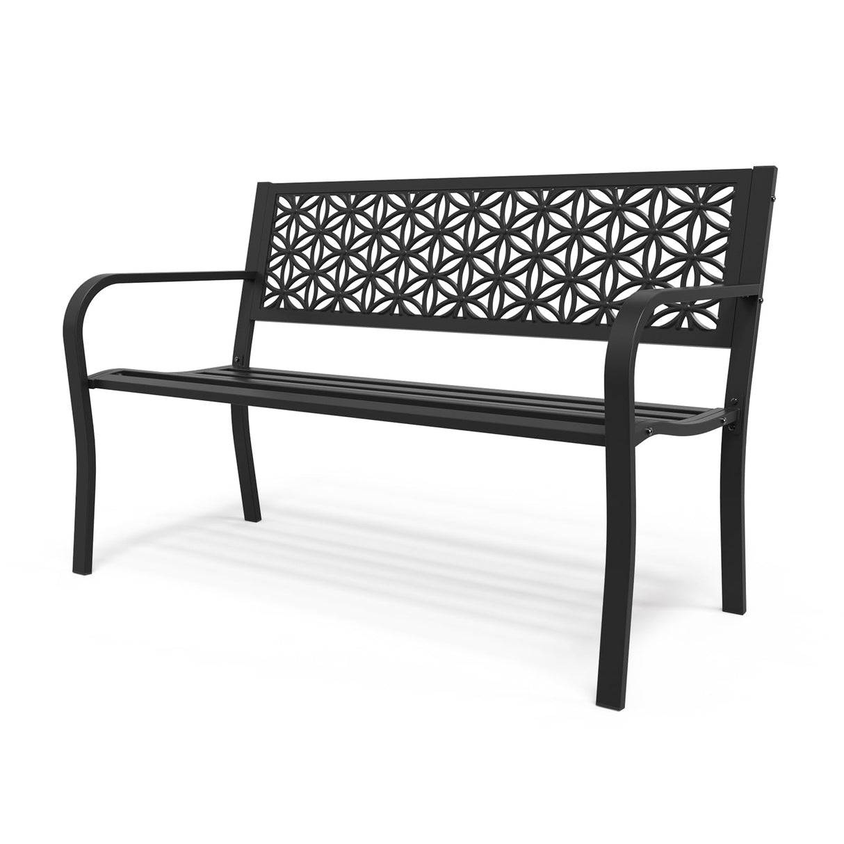 VINGLI 50" Outdoor Bench Metal with Floral Back, Garden Bench Front Porch Benches for Yard Patio Entryway Park Outside, 800lb Capacity - Black VINGLI