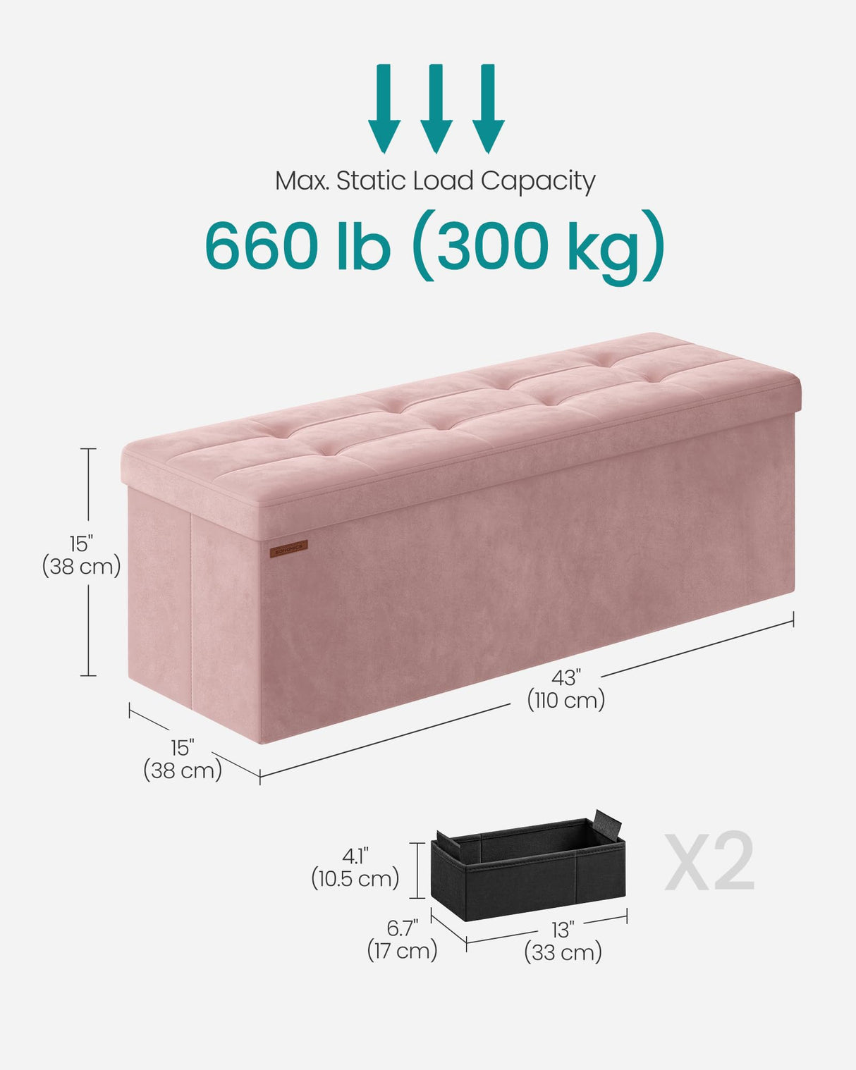 SONGMICS Storage Ottoman Bench, Foldable Ottoman Foot Rest, 15 x 43 x 15 Inches, End of Bed Bench, Storage Chest, Load up to 660 lb, for Living Room, Bedroom, Entryway, Jelly Pink ULSF277R01 SONGMICS