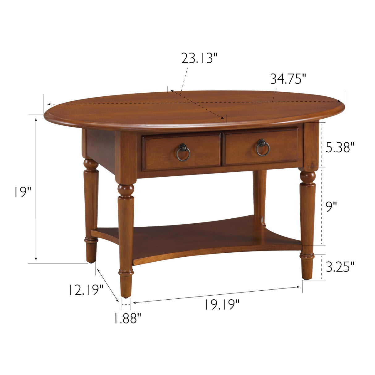 Leick Home Coastal Coffee Table, Solid Wood, Oval, with Drawer and Shelf, Pecan Brown, 20044-PC Leick Home