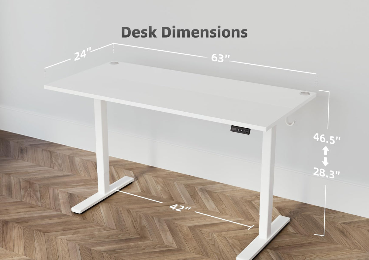 Seang Electric Standing Desk with Adjustable Height, 63x24 Inch Stand Up Desk, Sit Stand Desk with Splice Board for Home Office Computer Workstation, White Frame/White Top Seang