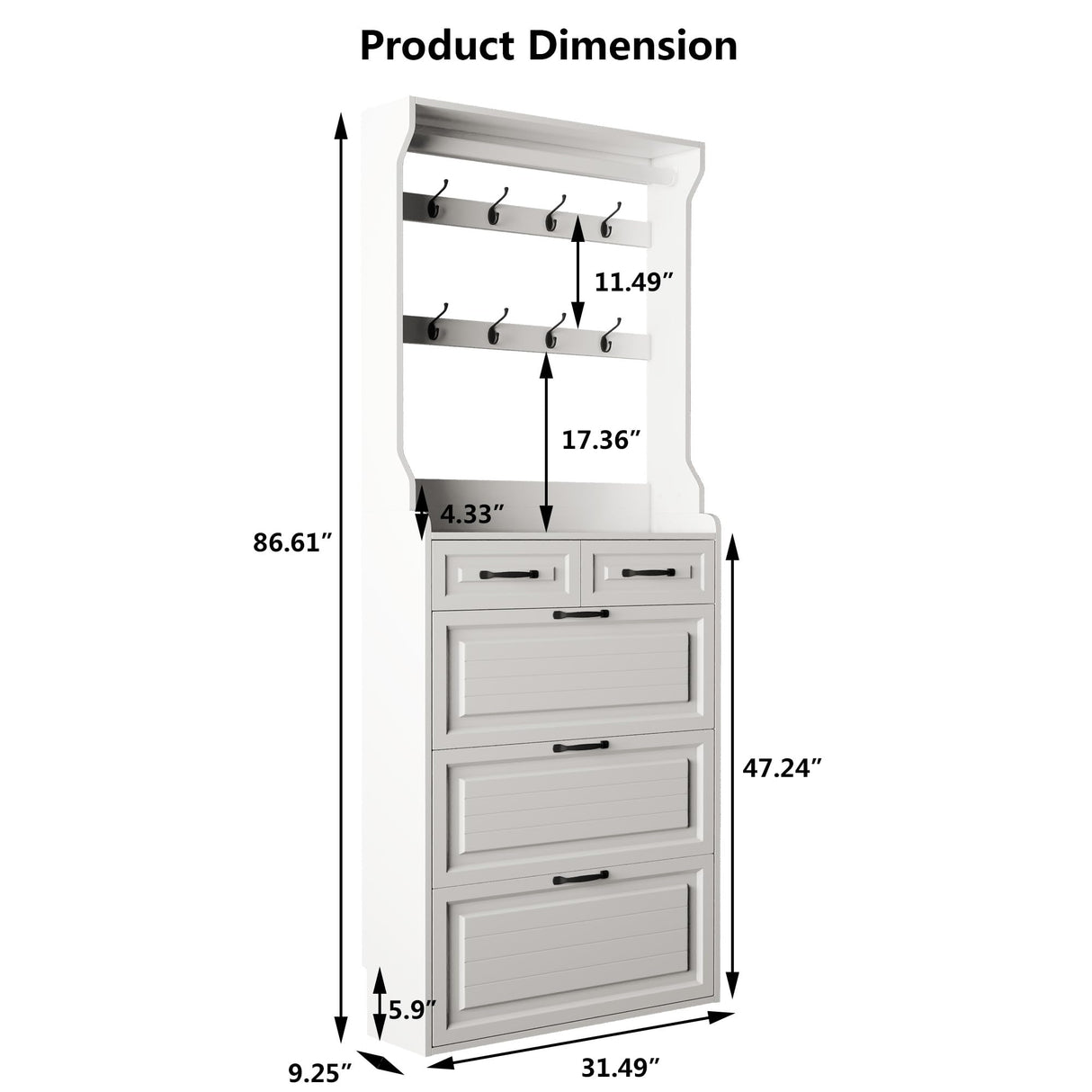 Betoko Hall Tree with Shoes Storage,Farmhouse Entryway Coat Rack Wooden Mudroom Hallway Tree Bench Corner Tree Cabinet with 8 Coat Hooks & 3 Shoes Cabinets & 2 Drawers(White) Betoko