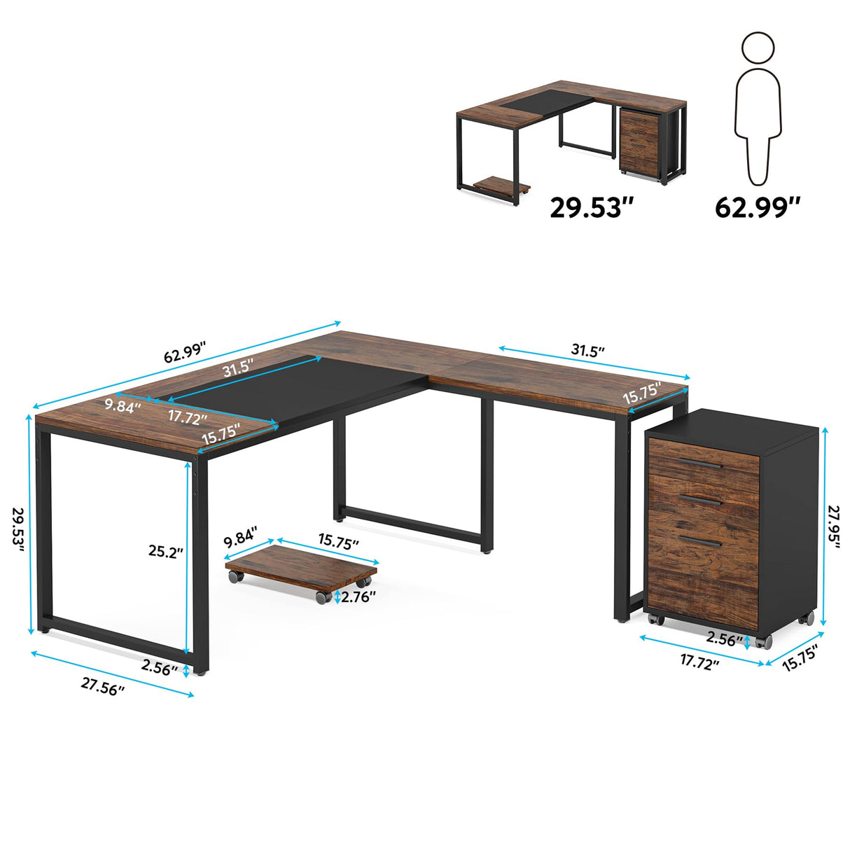 Tribesigns 63" L-Shaped Computer Desk with Mobile File Cabinet, Large Executive Office Desk with 3-Drawer Vertical Filing Cabinet, Business Furniture Sets for Home Office Tribesigns