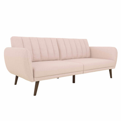 Novogratz Brittany 82 Inch Futon Sofa Bed in Faux Leather, Upholstered Couch Sleeper with Tufted Back, Mid-Century Modern Design, Pink