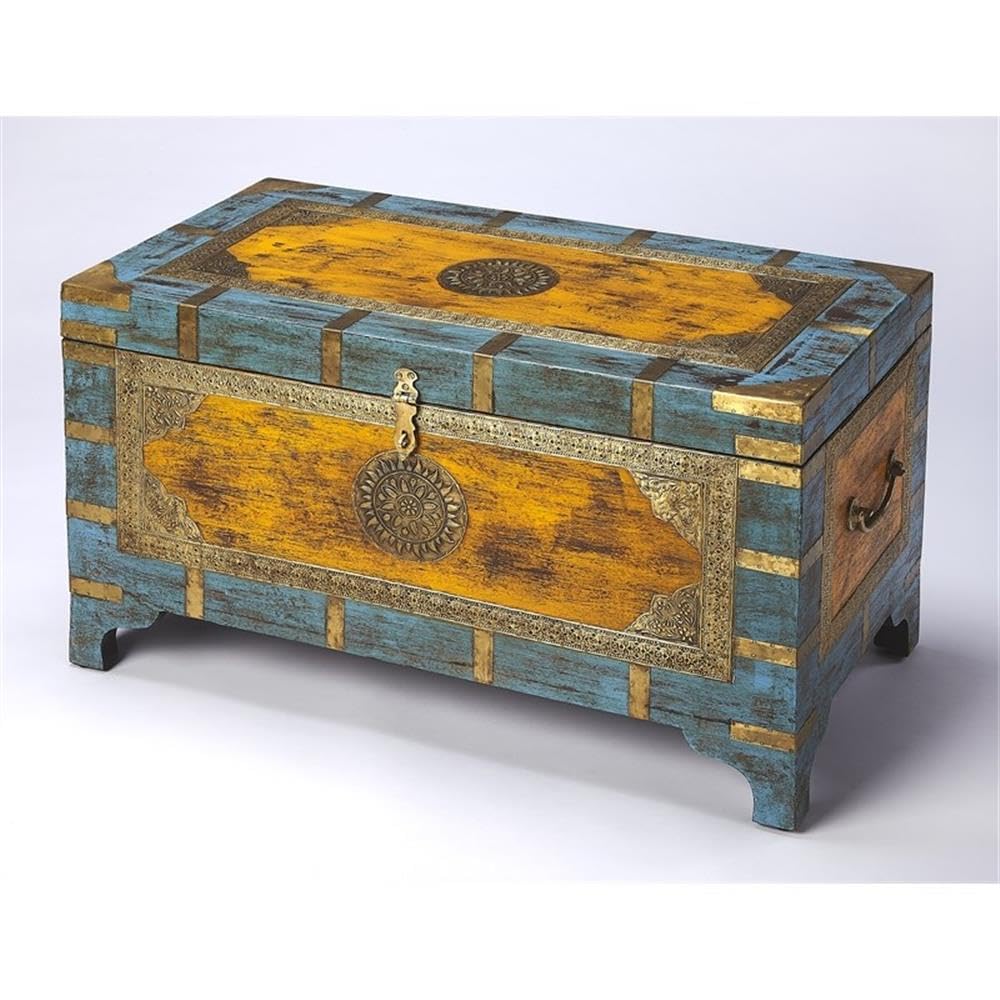 MAKLAINE 32" x 17" Traditional Wood Painted Brass Inlay Storage Trunk/Coffee Table with Hidden Storage, Brass Inlays & Hardware, Handcrafted, Handpainted, No Assembly Required, in Multi-Color Finish MAKLAINE