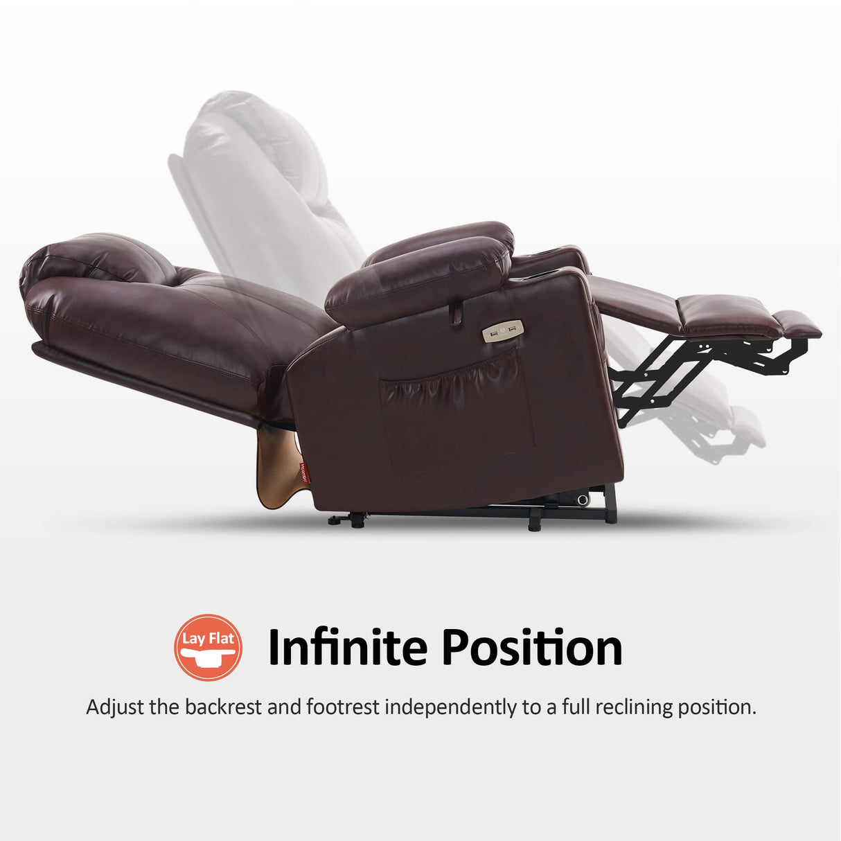 MCombo Large Lay Flat Dual Motor Power Lift Recliner Chair Sofa with Massage and Heat, USB Ports, Extended Footrest, for Elderly People, Infinite Position, Faux Leather 7815 (Dark Brown) MCombo