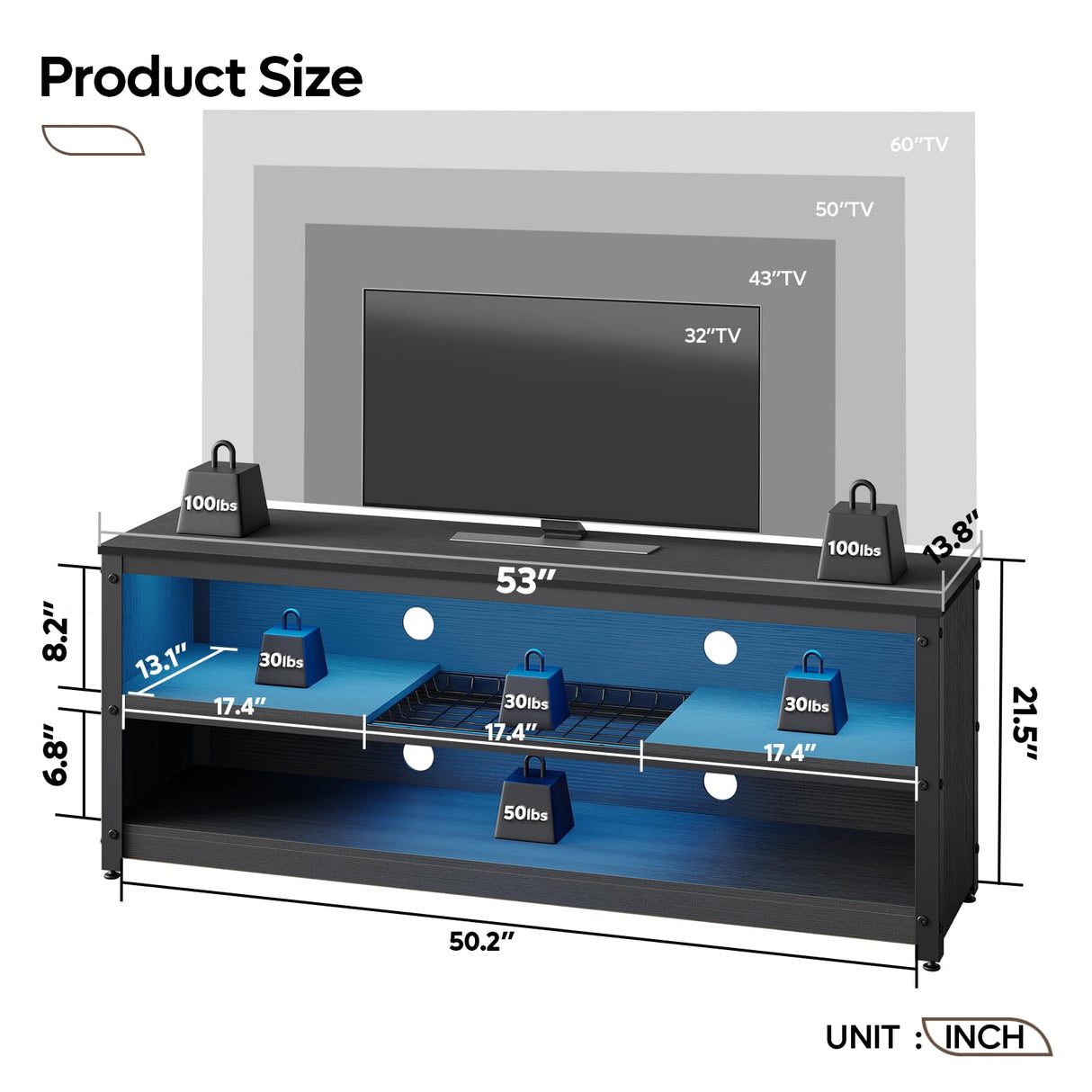 Bestier Gaming TV Stand with LED Light for TVs up to 60 Inch, Entertainment Center with Adjustable Shelves, Modern Industrial TV Media Console with Storage Shelves for Living Room Bedroom, Black Bestier