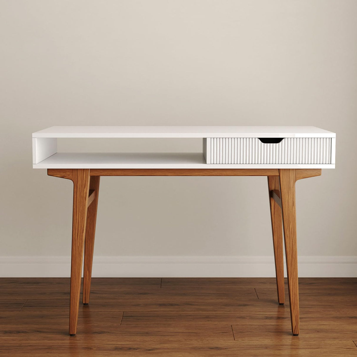 Longcoam Design White Computer Desk with Drawers - 45 inch Minimalist Small Solid Wood Mid-Century Modern Office Desk for Home - Boho Style Writing Table with Open Storage,Light Wooden Desk Workspace Longcoam Design