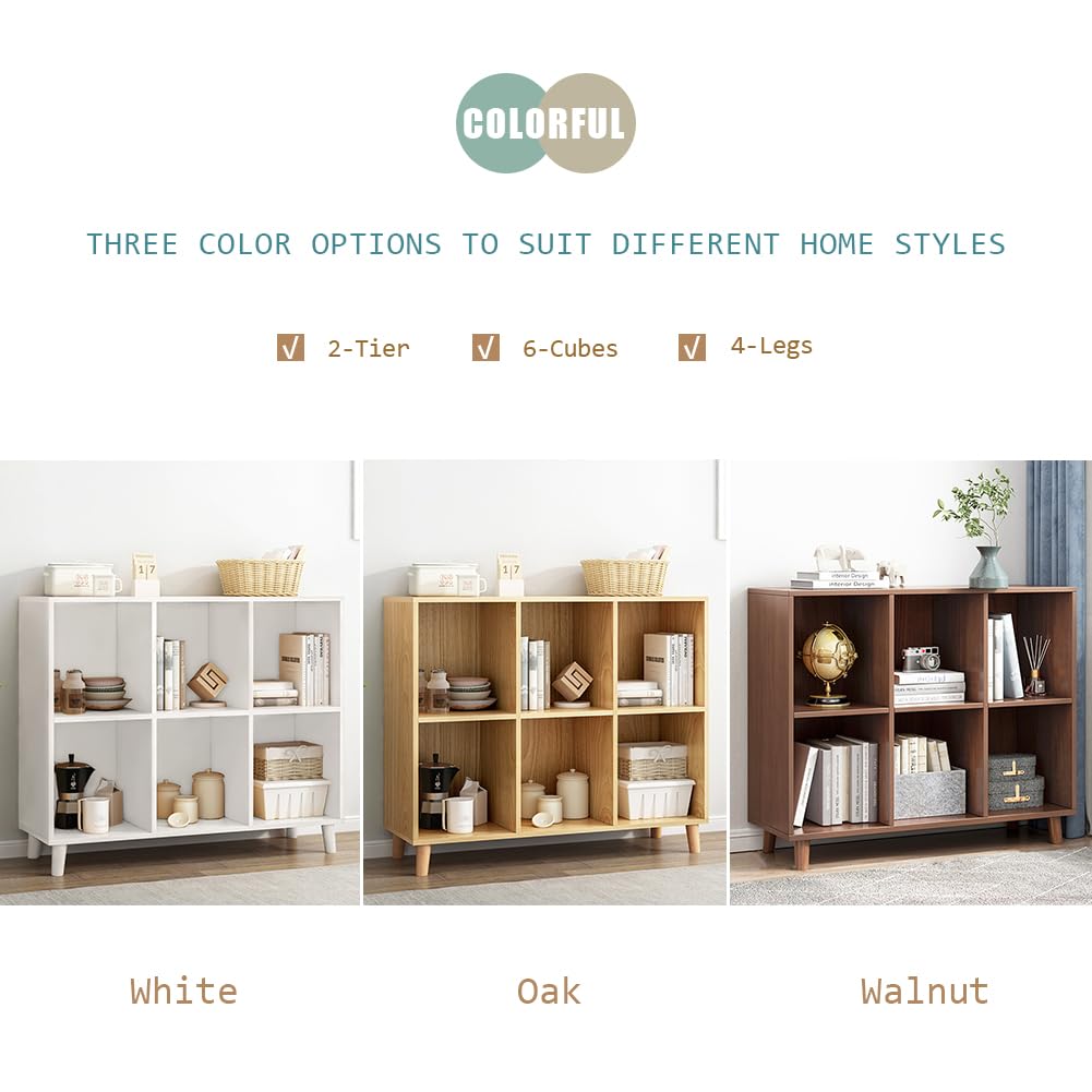 IOTXY Freestanding Open Cubes Bookcase - 2-Tier Floor Standing Wooden Storage Display Cabinet Organizer with Legs for Home Office, 6-Cubes Open Shelf Low Short Bookshelf, Walnut IOTXY