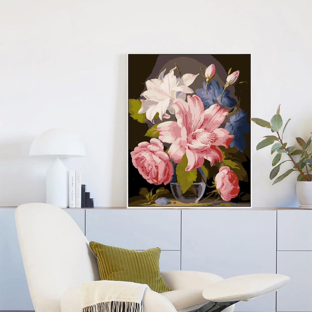 changjiawujin Lily Flower Paint by Number Rose Flowers,Still Life Vase Paint by Numbers Kit for Adults,Easy DIY Oil Painting by Numbers Art Craft Set 16x20 inch changjiawujin