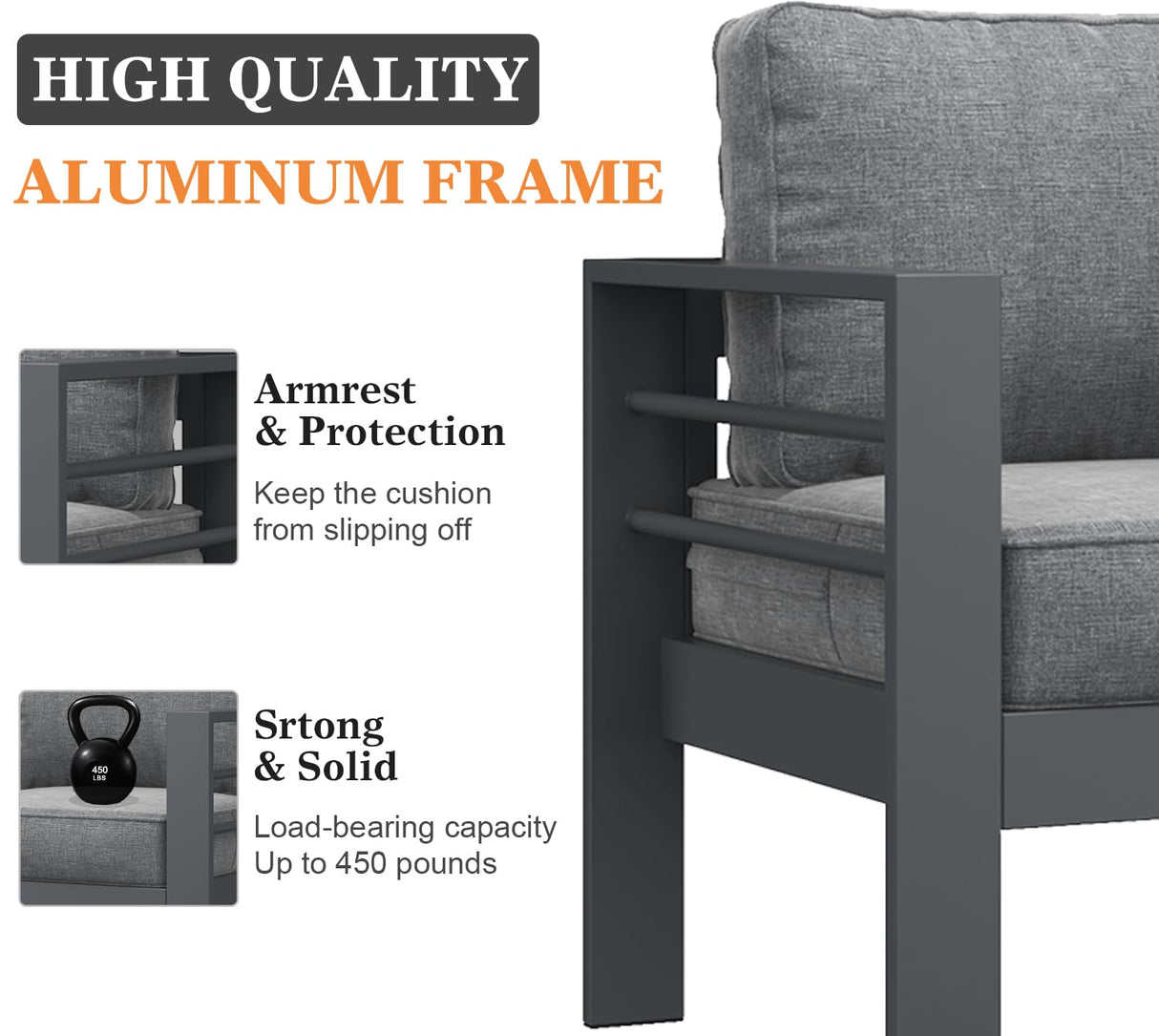 Vakollia 5 Pieces Modern Aluminum Patio Furniture Set with Fire Pit Table, Outdoor Conversation Sets Metal Sectional Sofa Vakollia