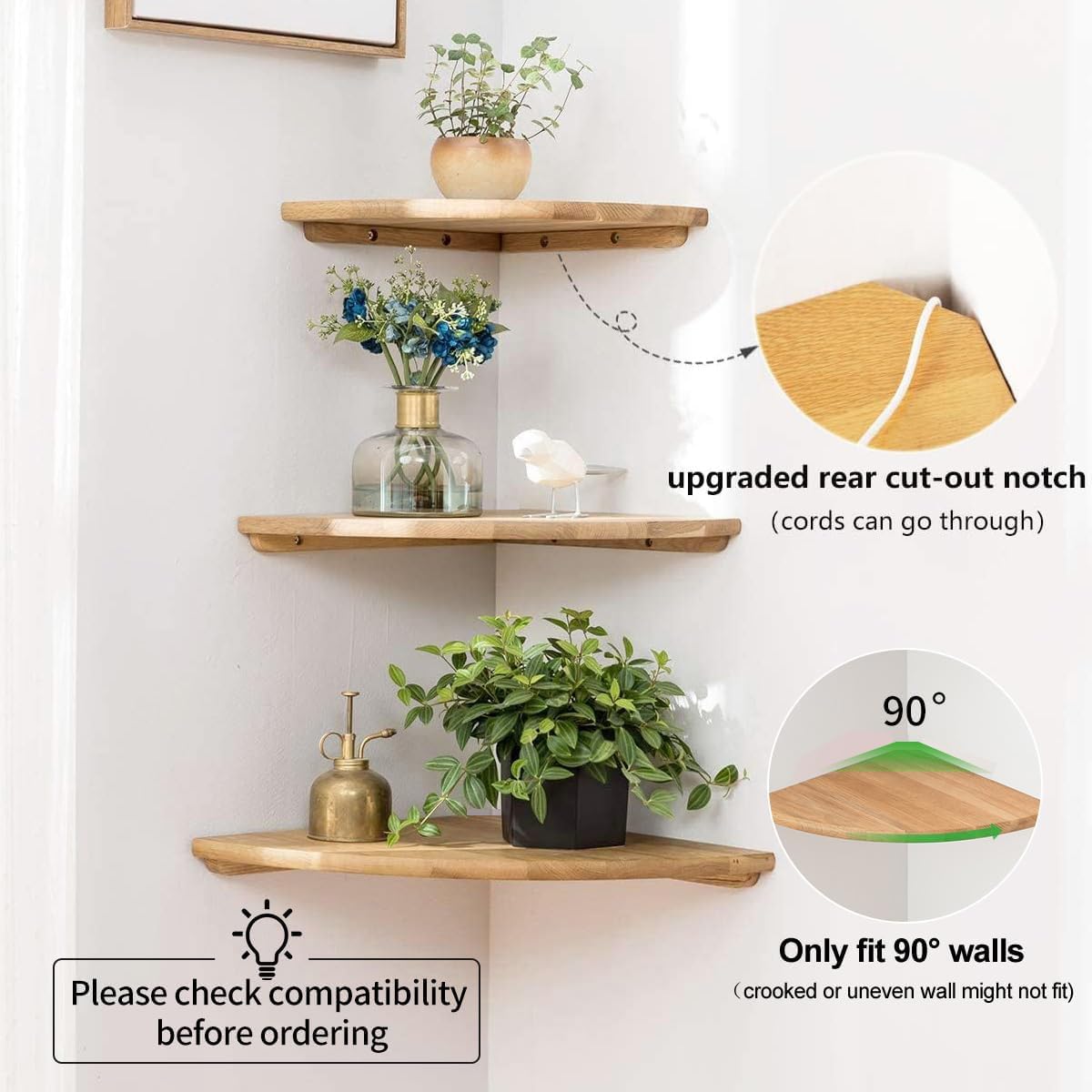 Corner Shelves, Floating Corner Shelf, Set of 2 7inch Solid Oak Wood Wall Shelves, Round End Wall Mount with Wire Hole Shelving for Small Plant for Bedroom Kitchen, Living Room Conamily