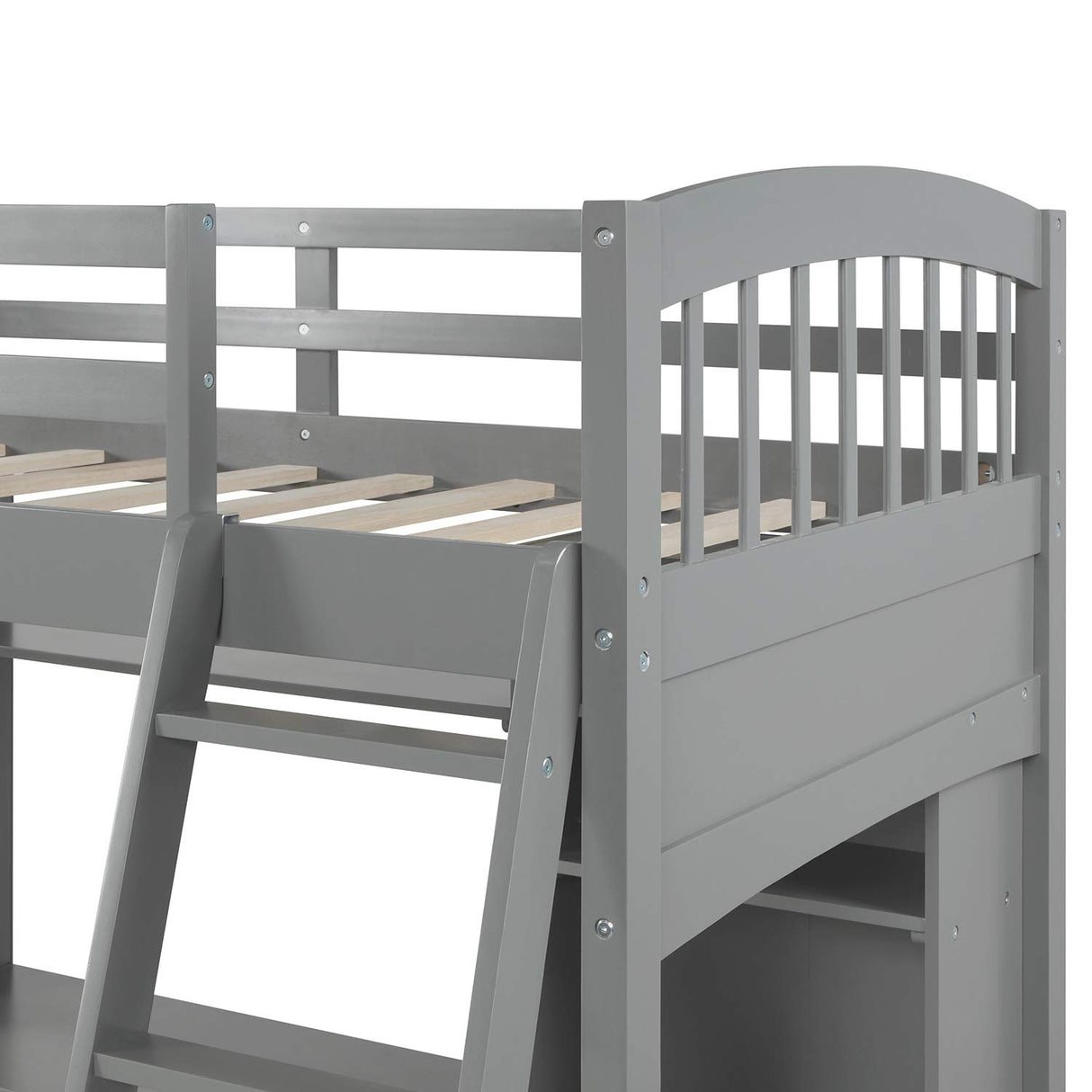 Merax Twin Size Grey Loft Bed with Desk and Shelves - Solid Pine Wood Frame Merax