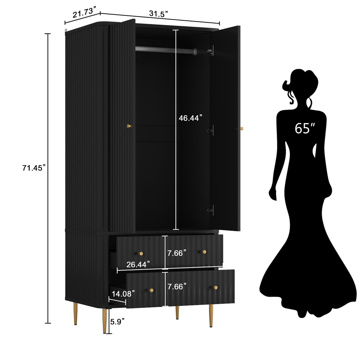 HLR Armoire Wardrobe Closet with Drawers, 72" Tall Modern Bedroom Armoire with Hanging Rod, Large freestanding Wooden Wardrobe Cabinet for Bedroom, Cloak Room (Black) HLR