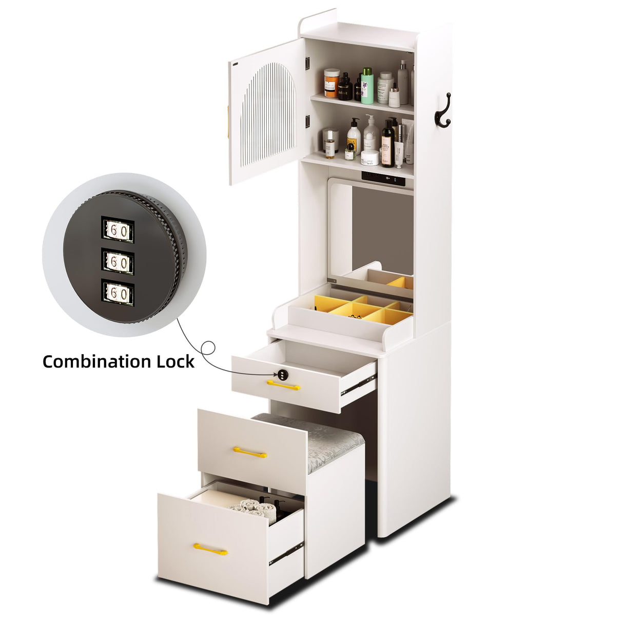 Small Vanity Desk with Mirror and Lights, Makeup Vanity Table with Drawers for Small Space, Compact Mini Corner Vanity Set Dressing Table - Charging Station & Human Motion Sensing for Bedroom (White) HWB