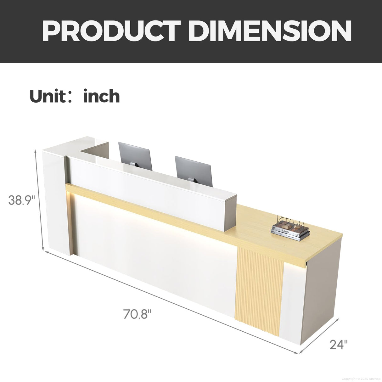 Anzhap L-Shaped Standing Reception Desk with LED Lights, Front Desk Reception Counter with Drawer, Open Storage Cabinets for Office, Salon, Lobby (Maple + White/Right, 71" L * 24" W * 39" H) Anzhap