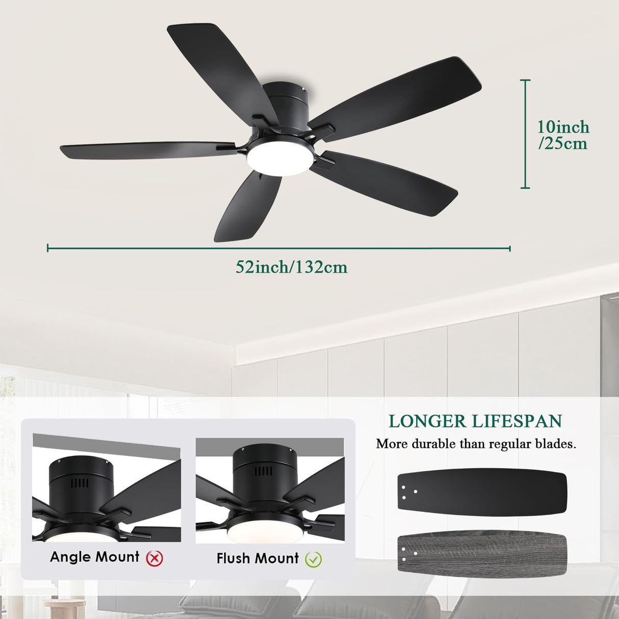 52inch Ceiling Fans with Lights, Low Profile Ceiling Fan with Light and Remote/APP Control, Flush Mount, Reversible Motor, Dimmable LED, Noiseless, Black Ceiling Fan for Bedroom Indoor Outdoor Use FUMLTP